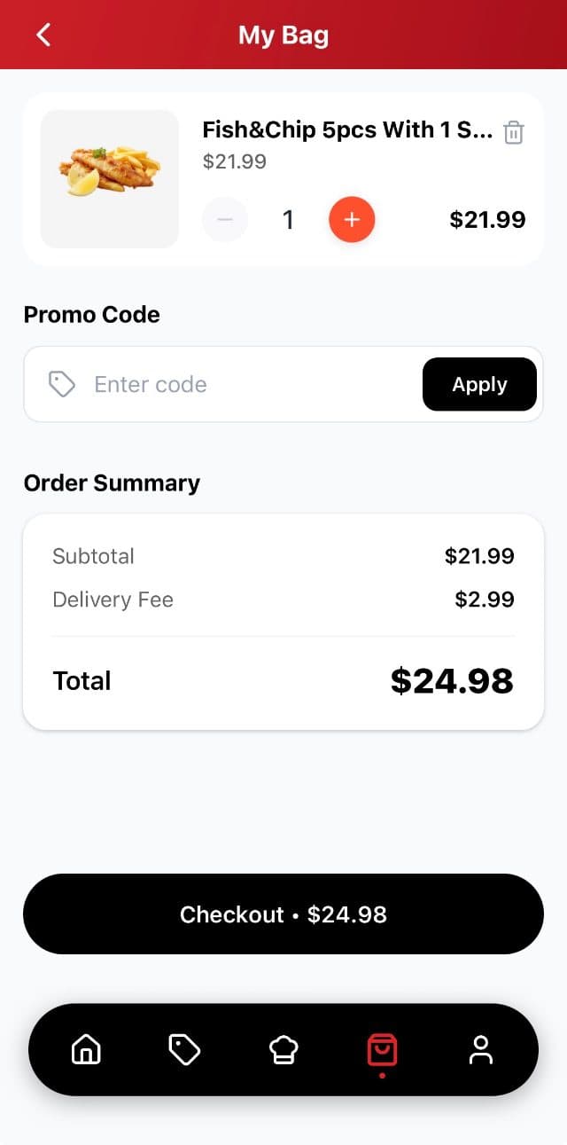 The bag screen, with a promo code field, the order summary and checkout.
