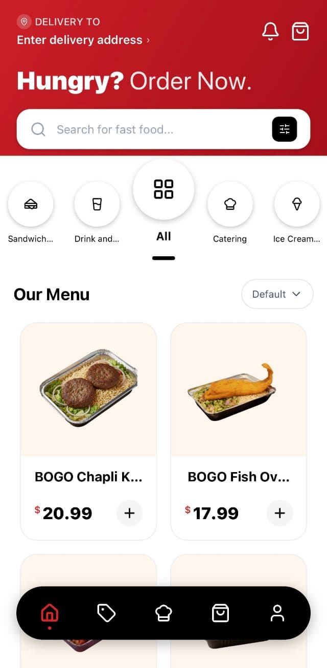 The app home screen, with a delivery address, search and the menu.