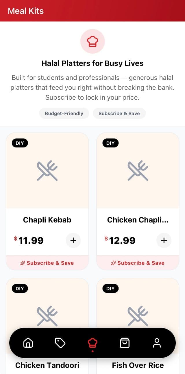 The meal kits screen, where a platter can be subscribed to rather than ordered once.