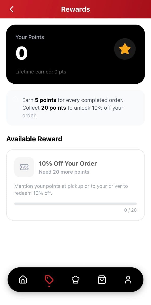 The rewards screen, showing points earned towards a discount.