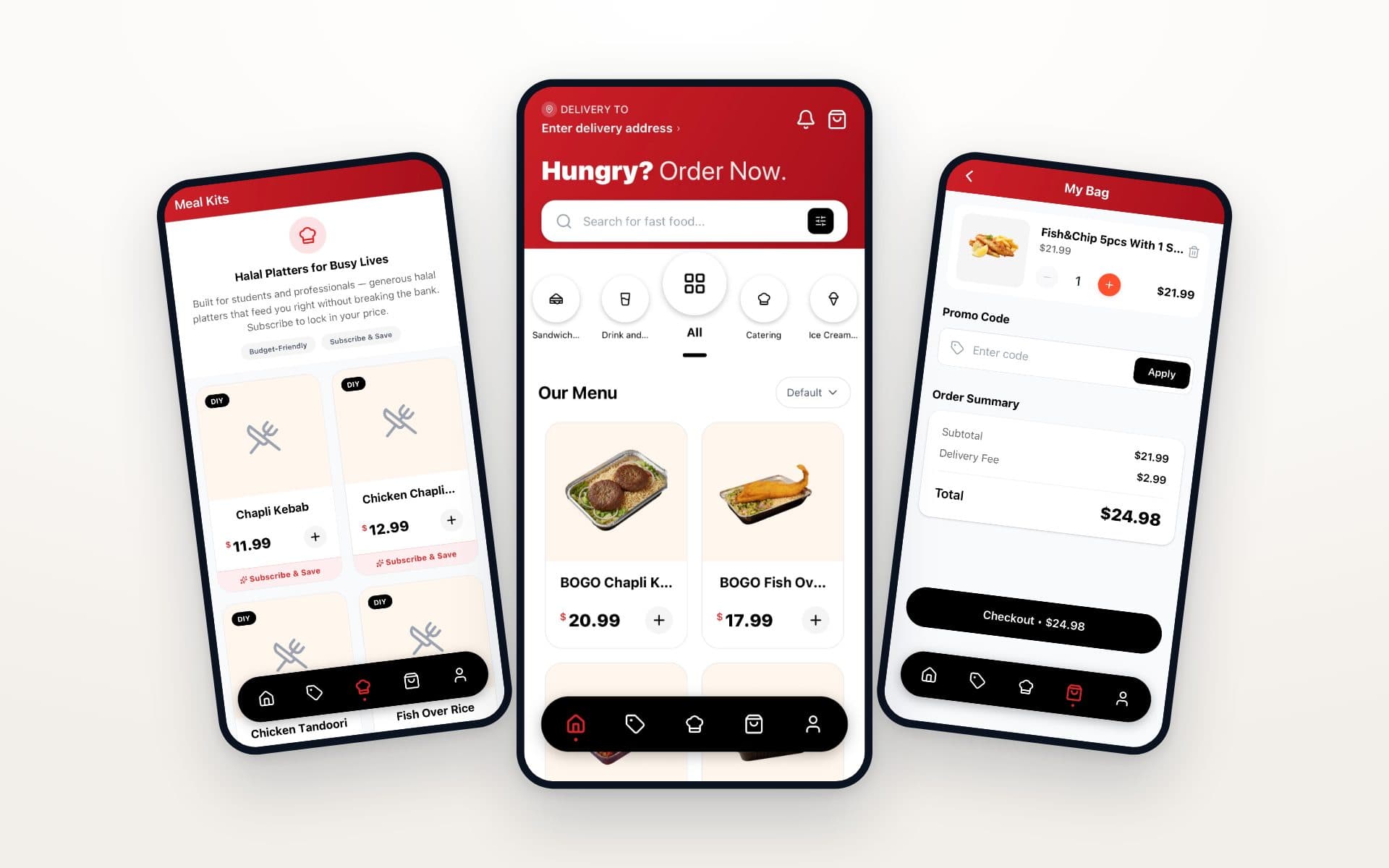 Three screens of the Legends Halal Grill app: the meal kits, the menu and the bag.
