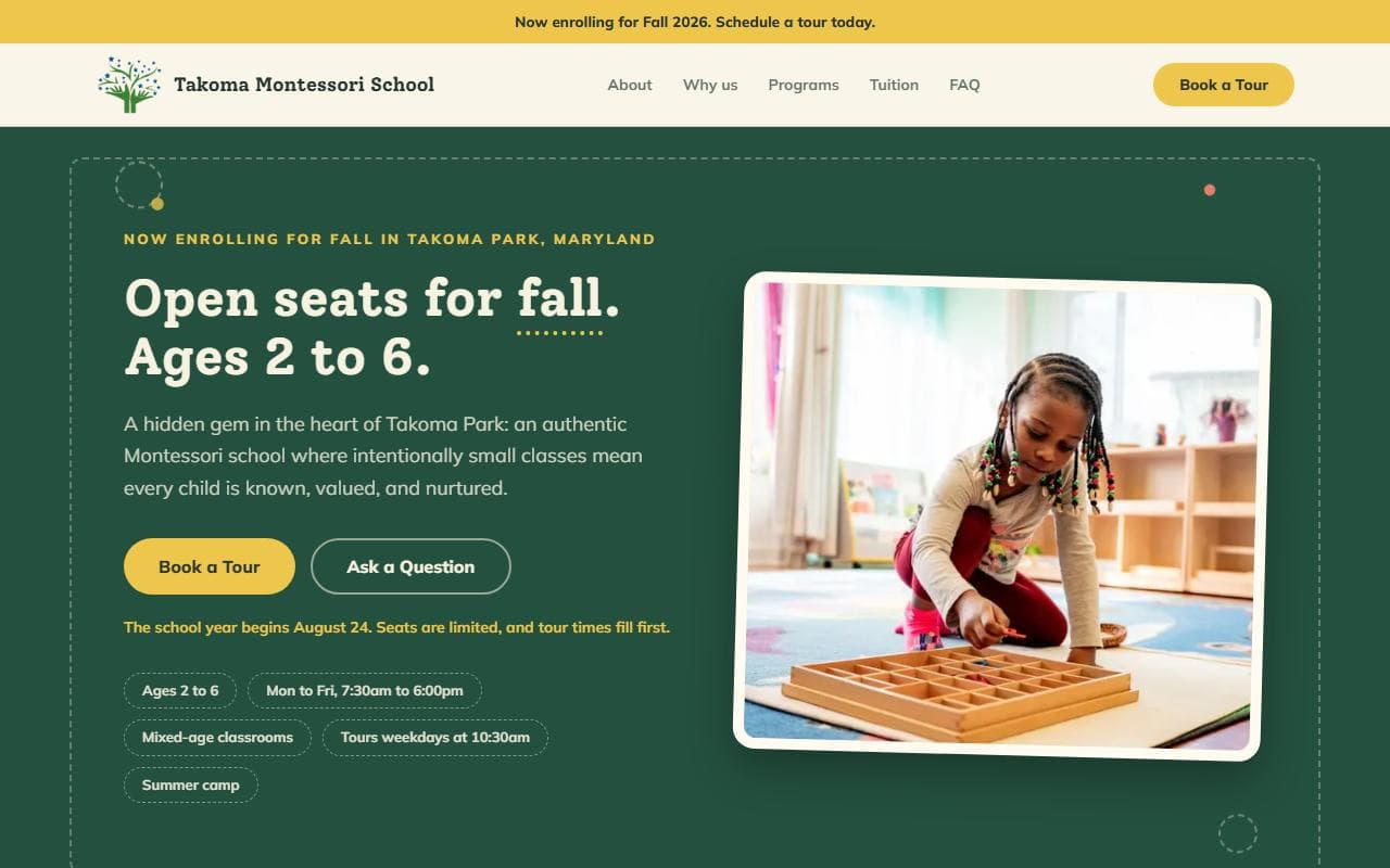 The Takoma Montessori School enrolment website.